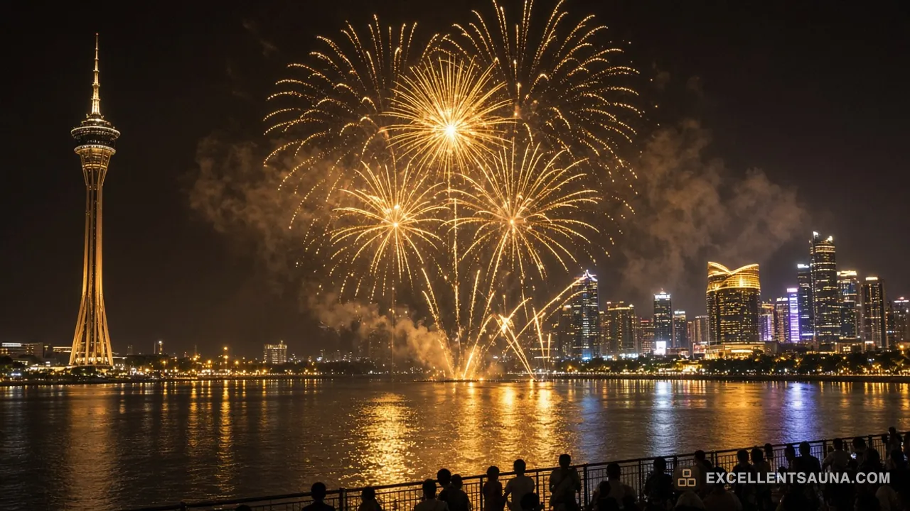 澳門國際煙花比賽匯演 — 南灣湖上空的煙花與旅遊塔夜景，岸邊觀眾剪影