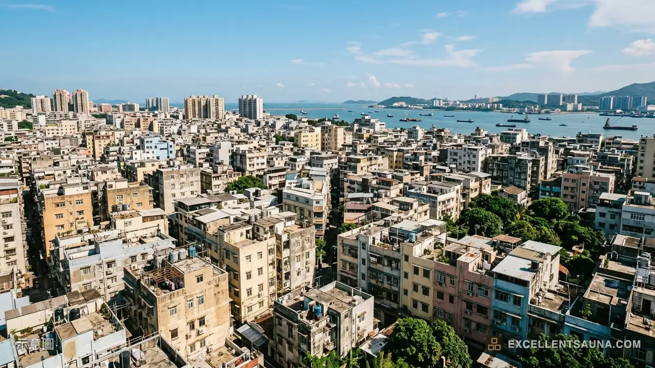 澳門桑拿文章示意圖：午後陽光下從高處望見的澳門半島，一片新舊樓房的天台與水箱，遠處是海港和停泊的船，天色晴朗